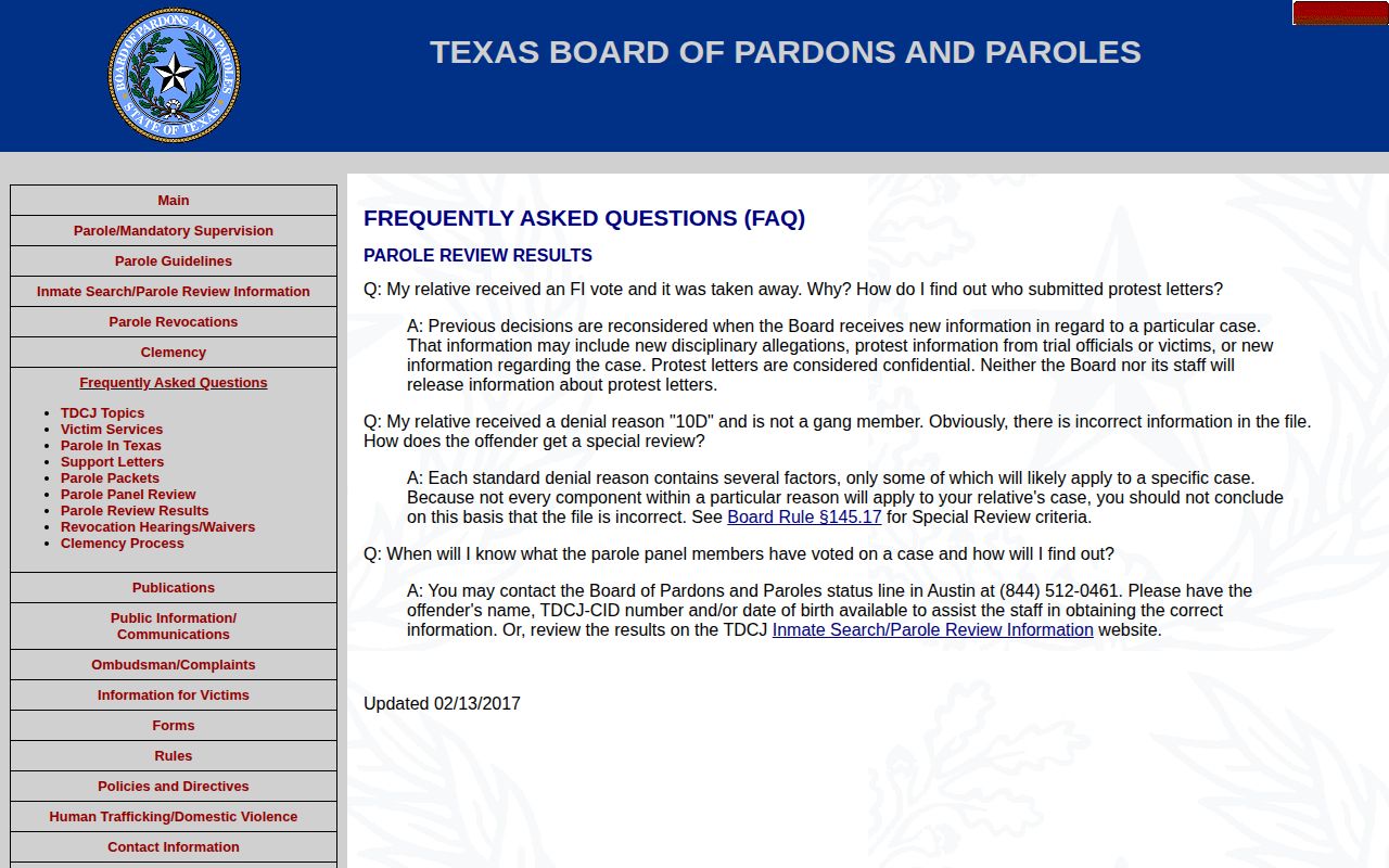 Texas parole review results for Taylor County post-release supervision