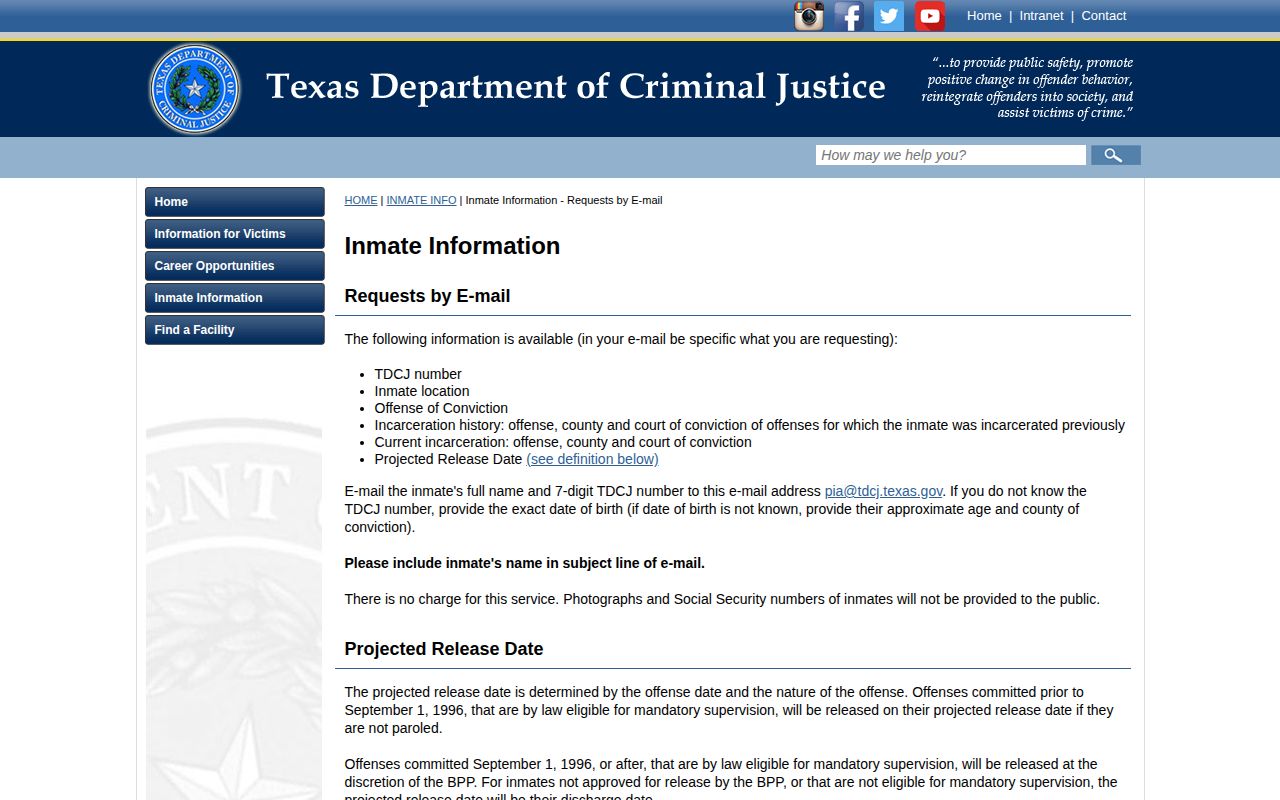 TDCJ projected release date definition and information request page