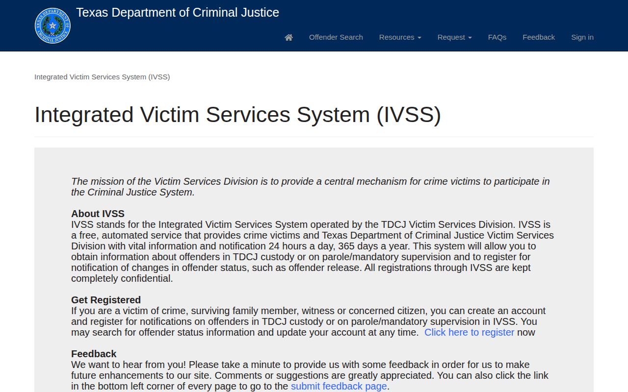 TDCJ IVSS search and notification registration screen