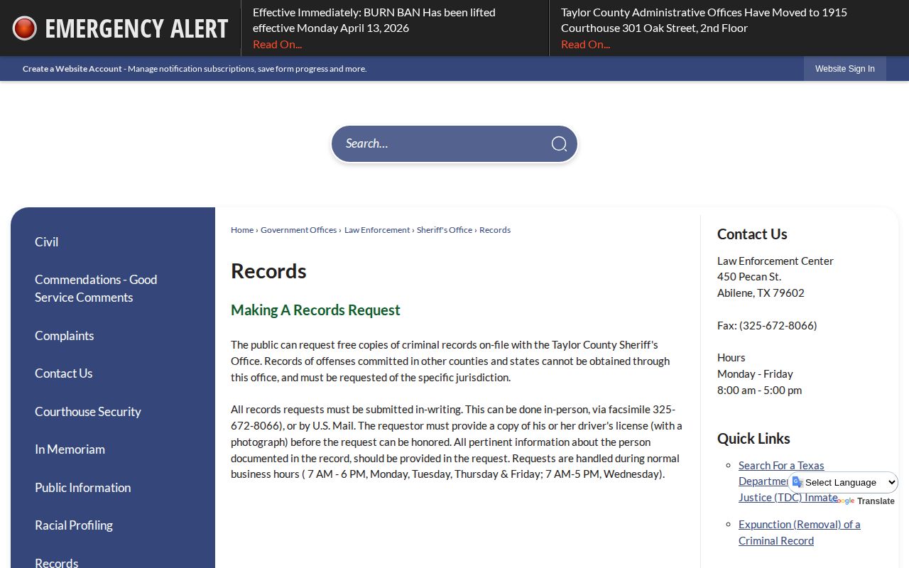 Taylor County Sheriff release records methods and hours