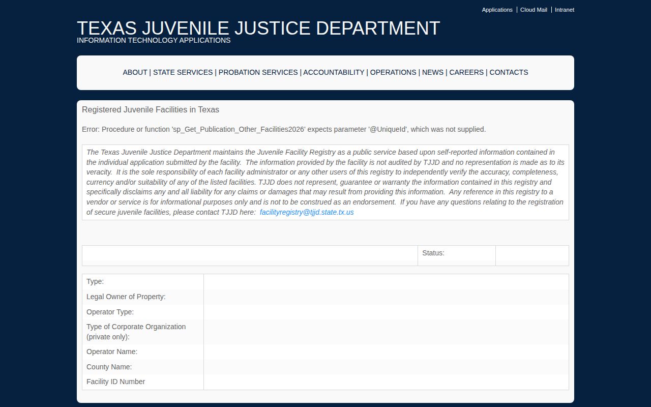 Texas registry for Taylor County Juvenile Detention Center records